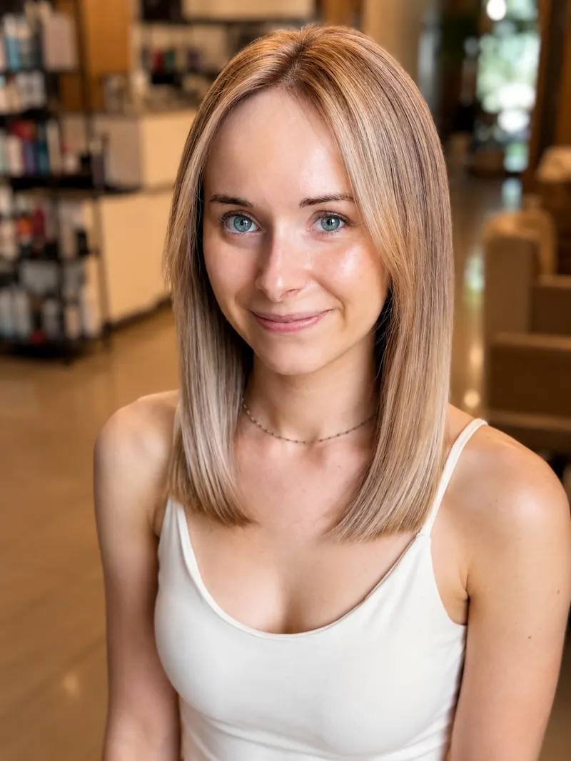 Klientka w beżowym blondzie po koloryzacji, ujęcie portretowe