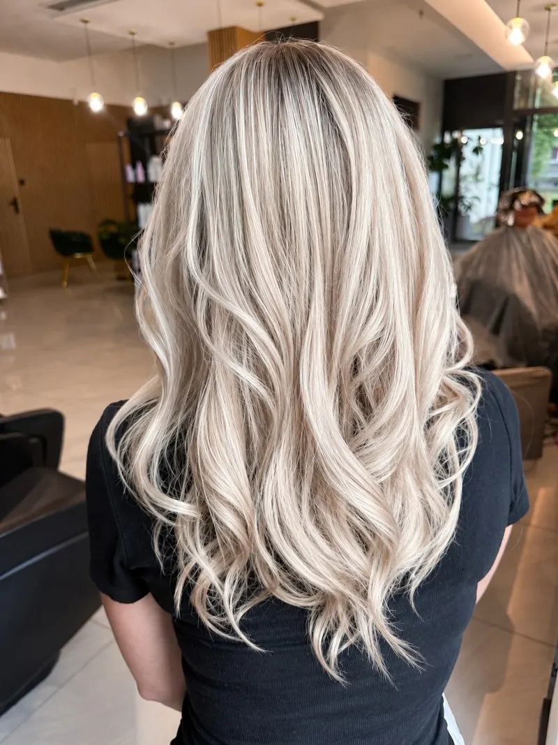 Perłowe fale blond po koloryzacji, widok z tyłu