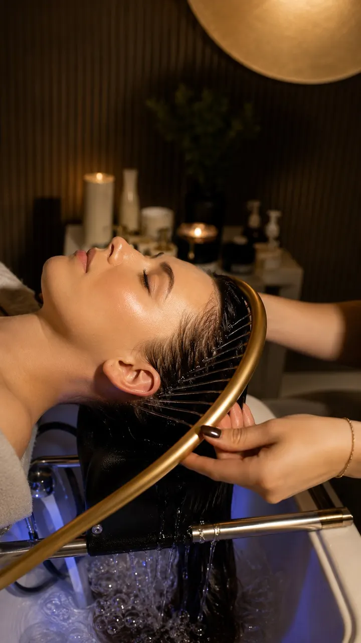 Klientka z zamkniętymi oczami podczas rytuału head spa przy złotej dyszy